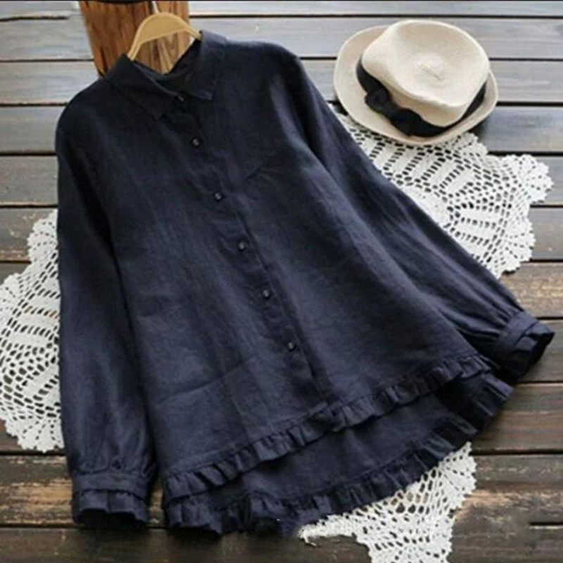 Vintage Plain Shirt Collar Button Down Long Sleeve Blouse b996