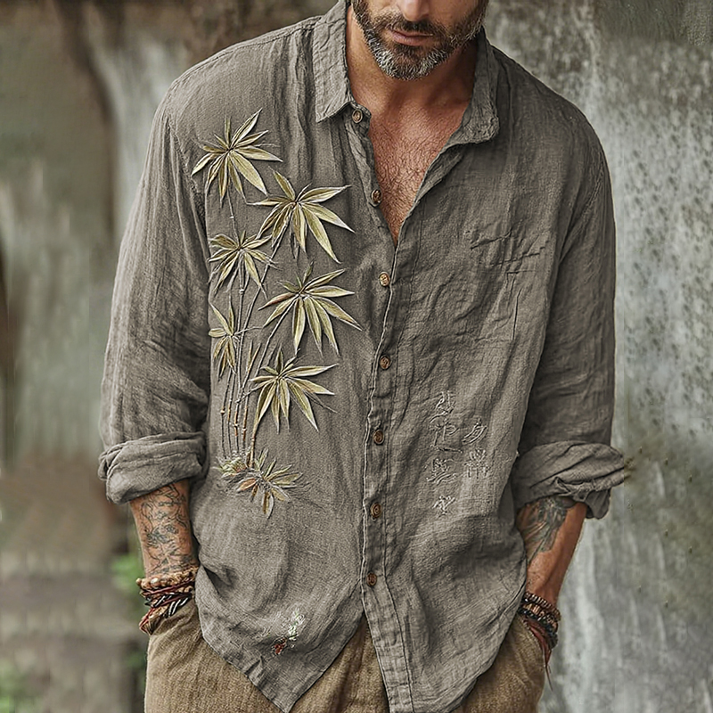 Men's Vintage Japanese Bamboo Embroidery Art Long Sleeve Linen Blend Shirt