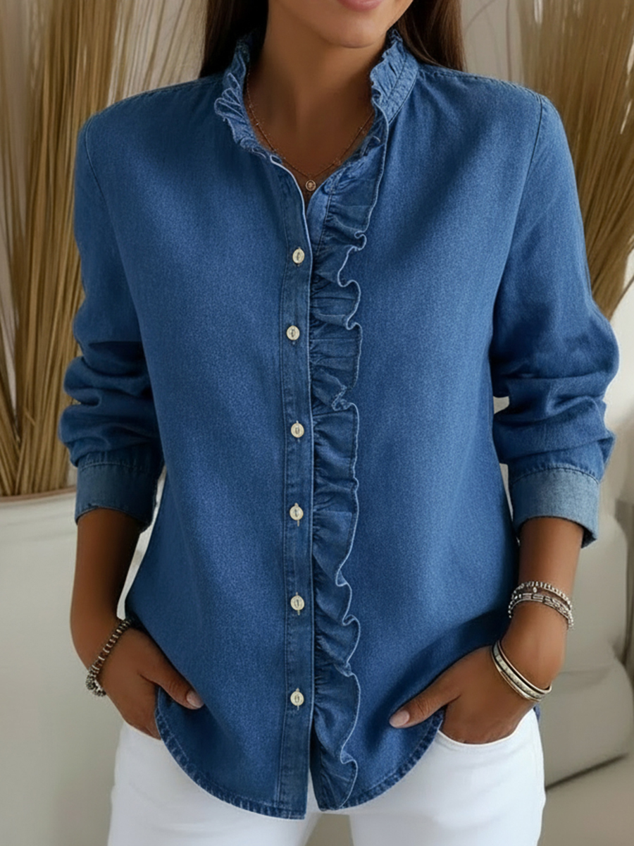 Elegant Lace-collared Denim Shirt Top