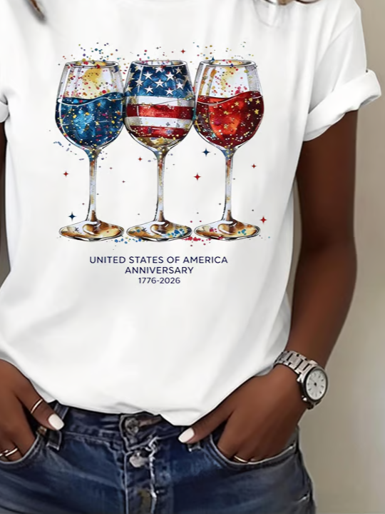 Women's Short Sleeve T-shirt Summer White Independence Day (Flag) Printing Jersey Crew Neck Daily Going Out Casual Top