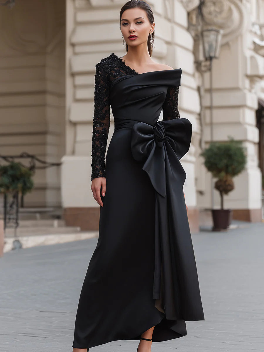 Asymmetrical Off-Shoulder Dress With Sequin Lace And Satin Bow