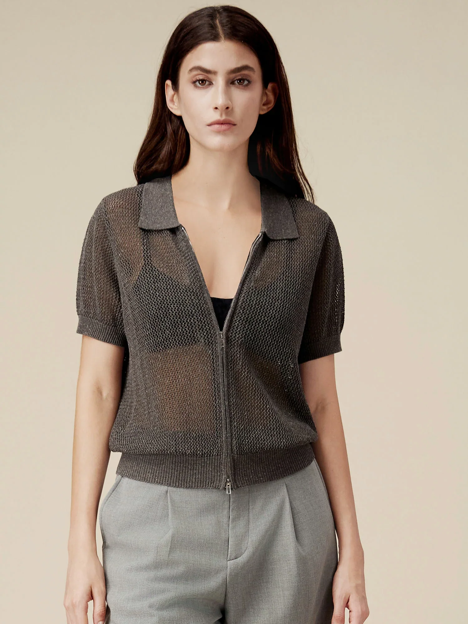 Linen & Lyocell V-Neck Short Sleeve Zipper Hollow Out Cardigan
