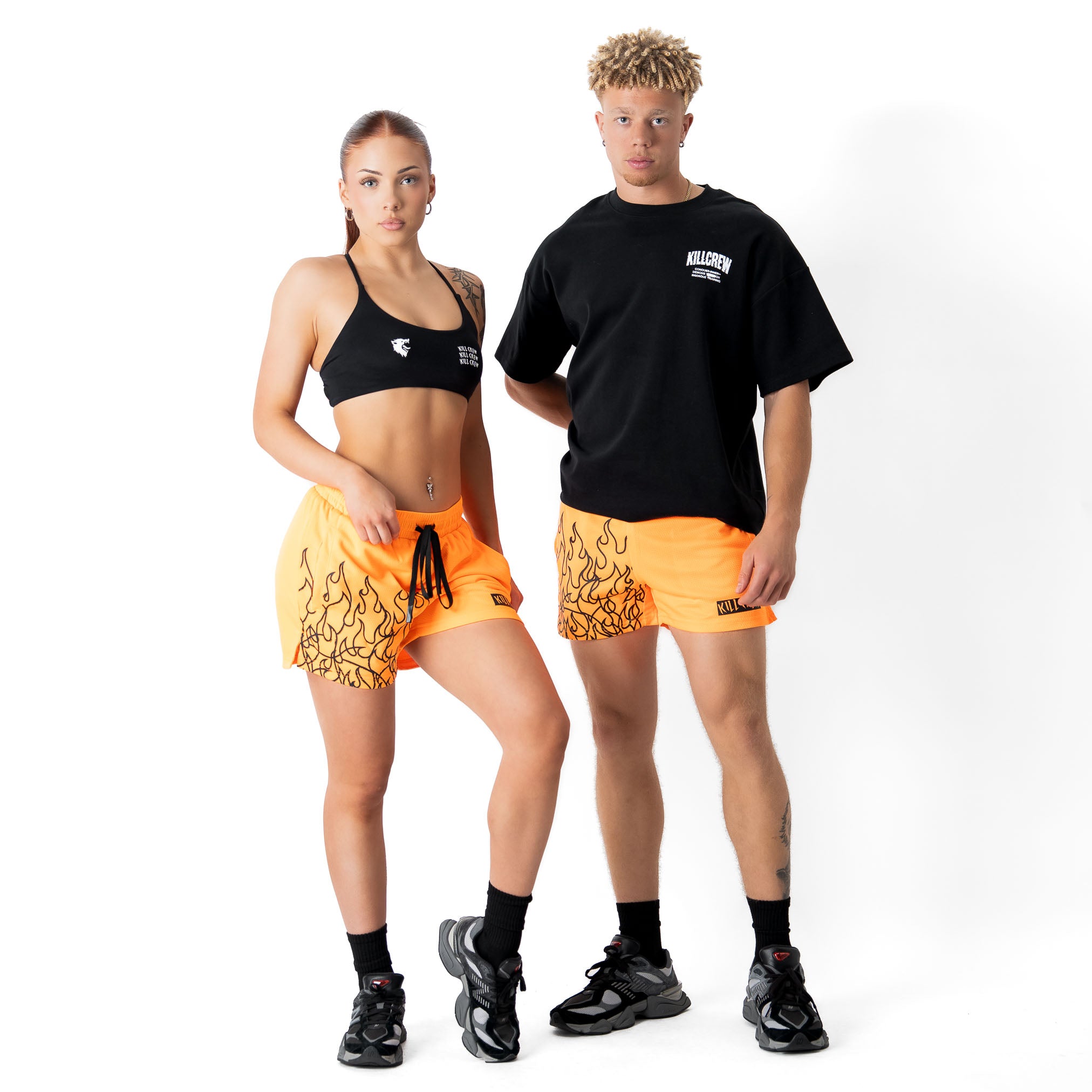 MUAY THAI FLAME SHORTS (MID THIGH CUT) - NEON ORANGE / BLACK