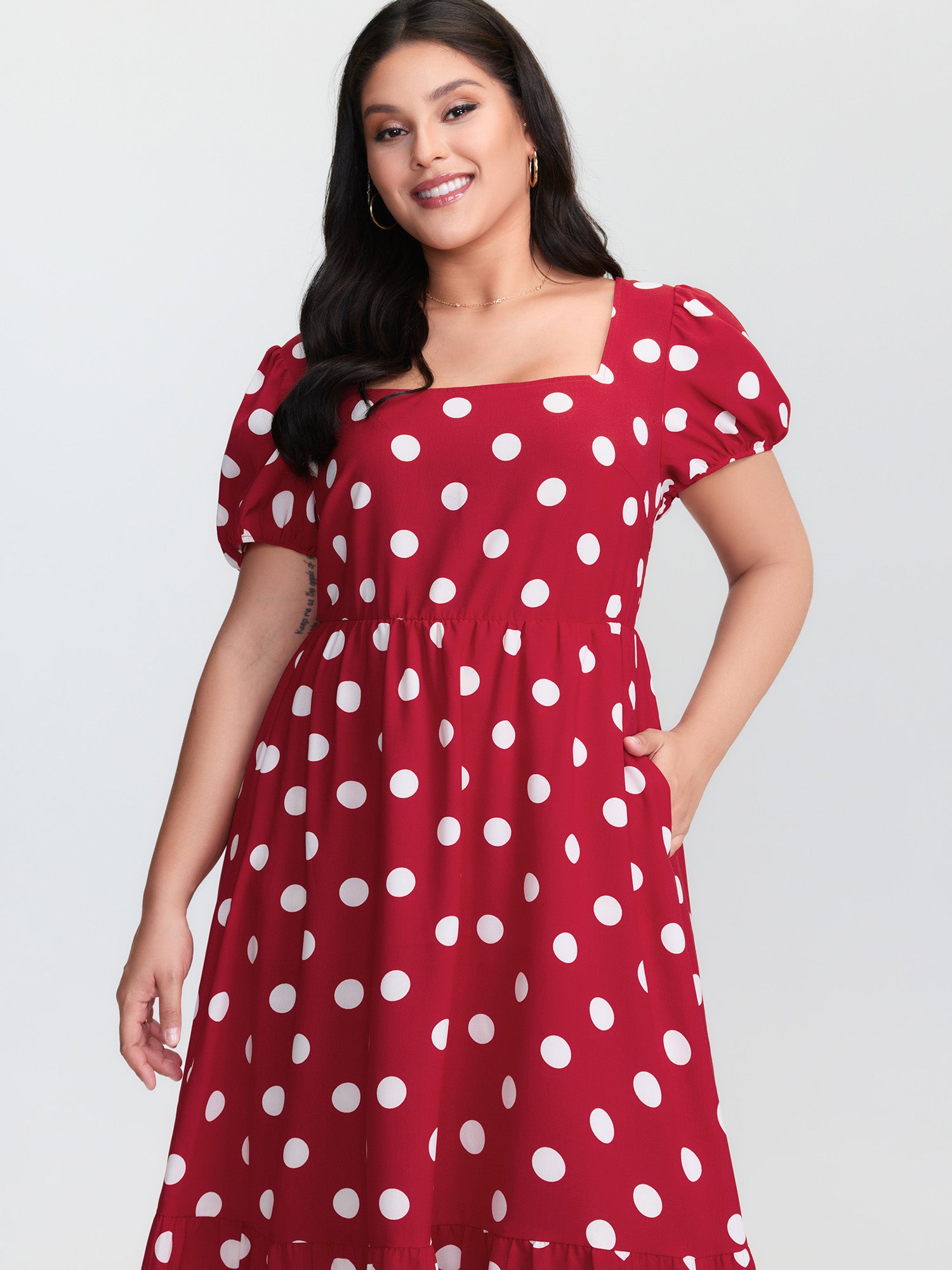 Polka Dots Shirred Cinched Waist Midi Dress