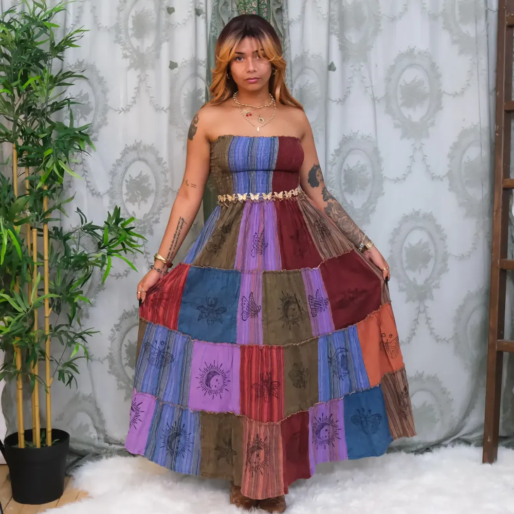 Patchwork Multi Way Skirt Dress, Hippie Festival Maxi Dress, Handmade Cotton Gypsy Clothing