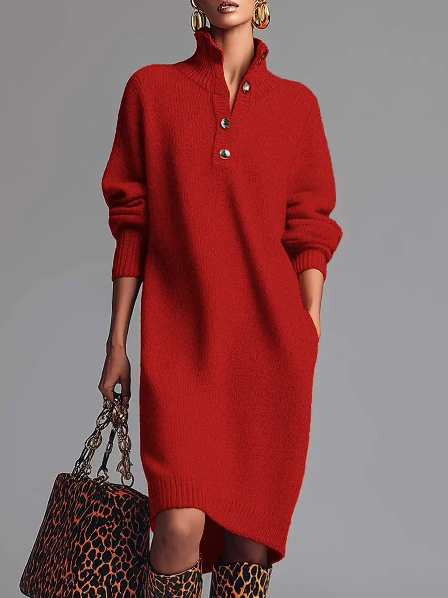 Women's Stand Collar Long Sleeve Casual Loose Knit Dress