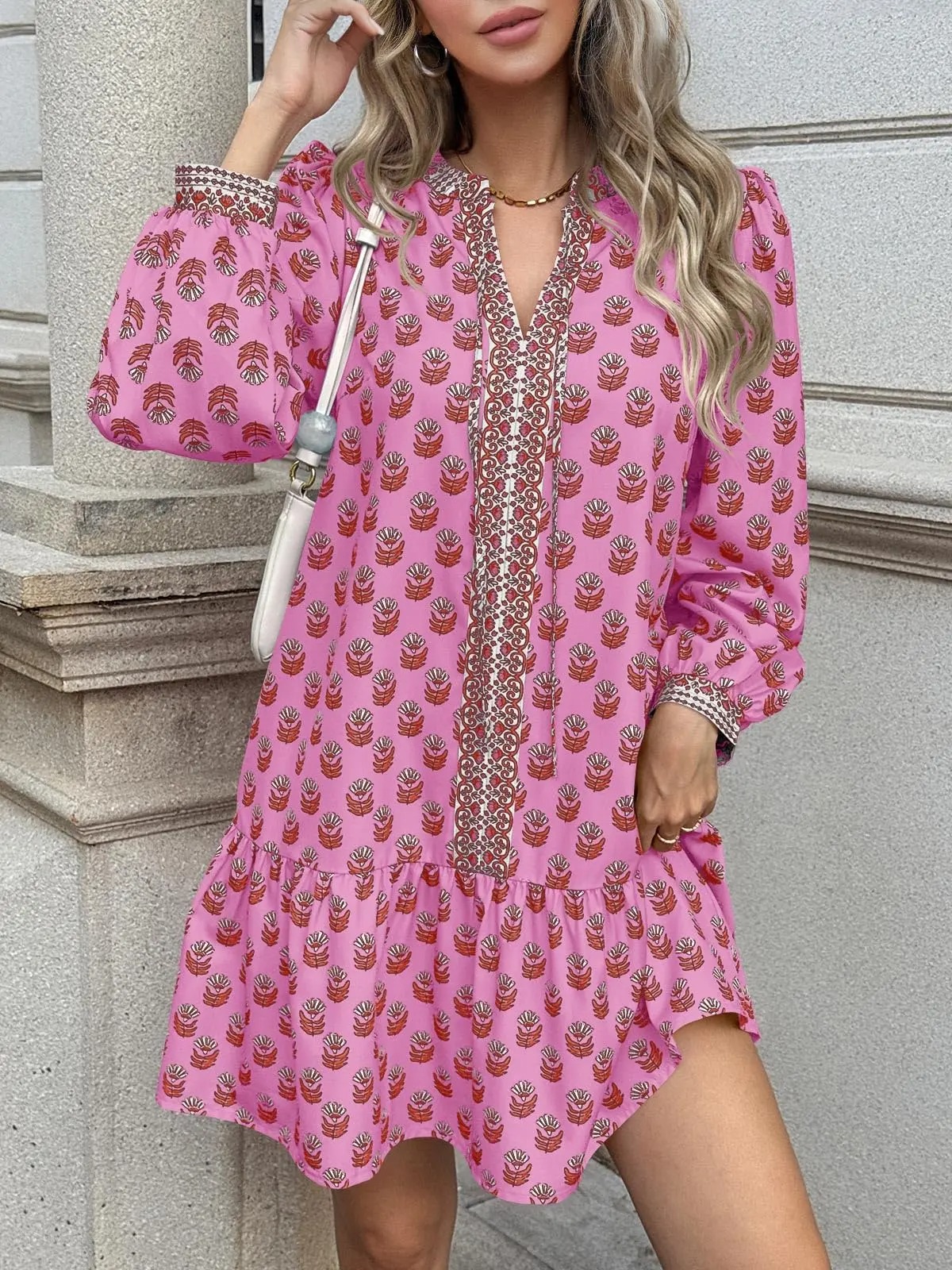 🌸Women’s Floral Boho Babydoll Mini Dress – Long Sleeve Casual V-Neck with Pockets