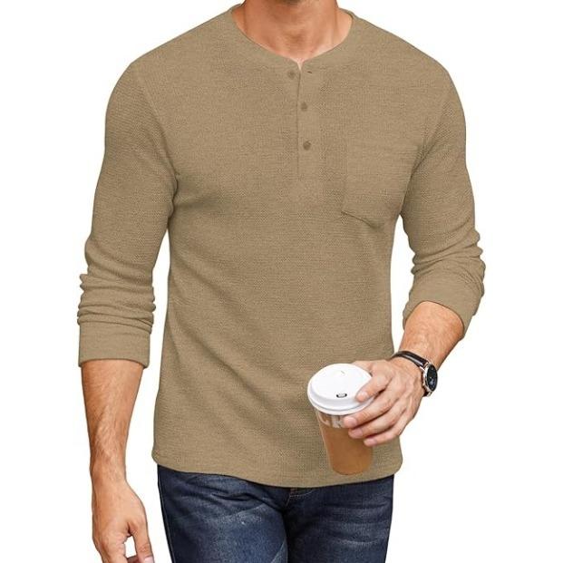 Men’s Long Sleeve Waffle Henley Shirt with Pocket