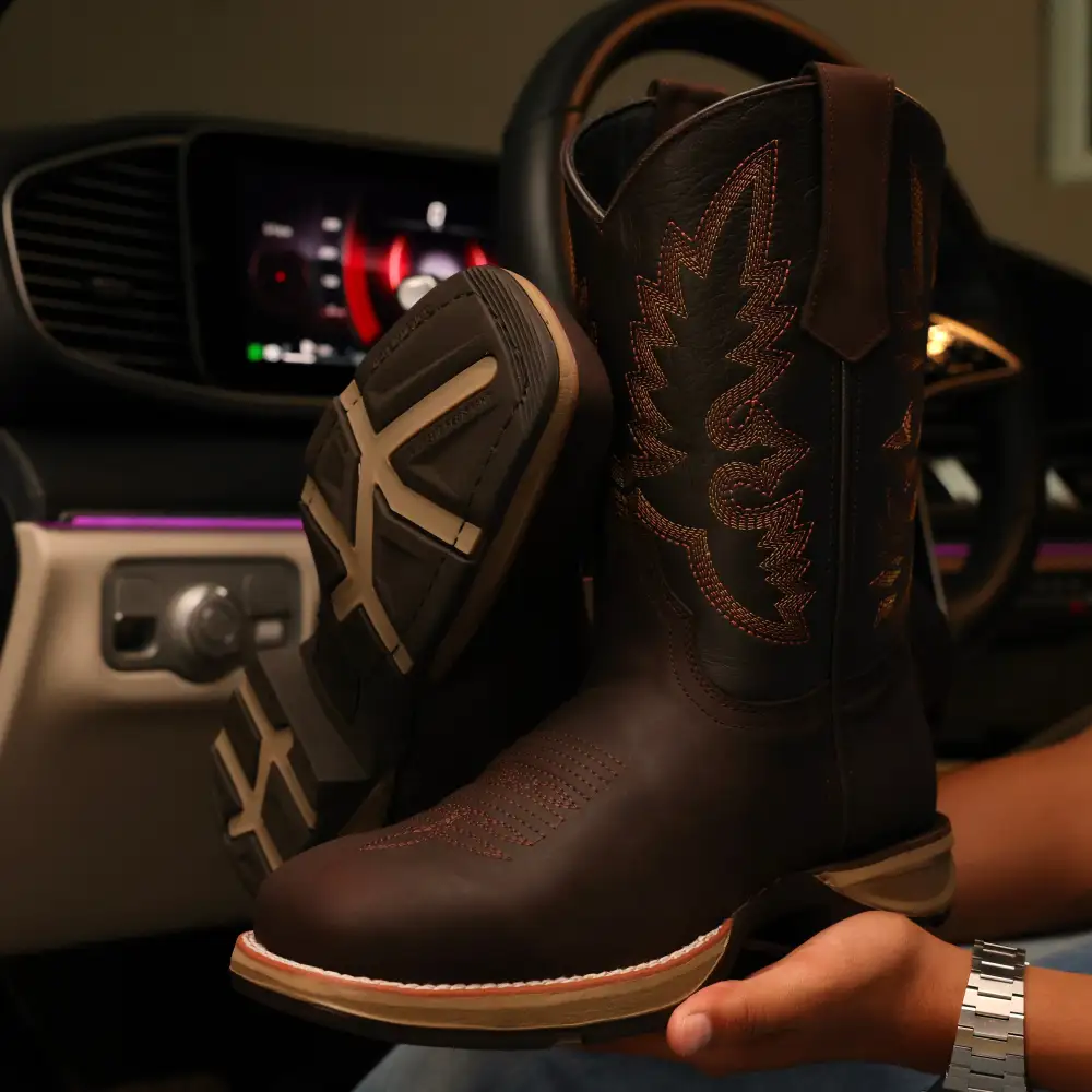 Chocolate Brown Leather Work Boots - Square Toe