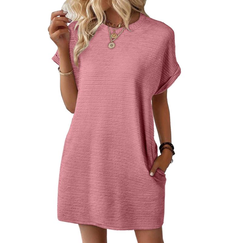Women’s Casual Mini Dress – Lightweight Stretchy Short Sleeve Crewneck Dress for Summer & Beach Outfits