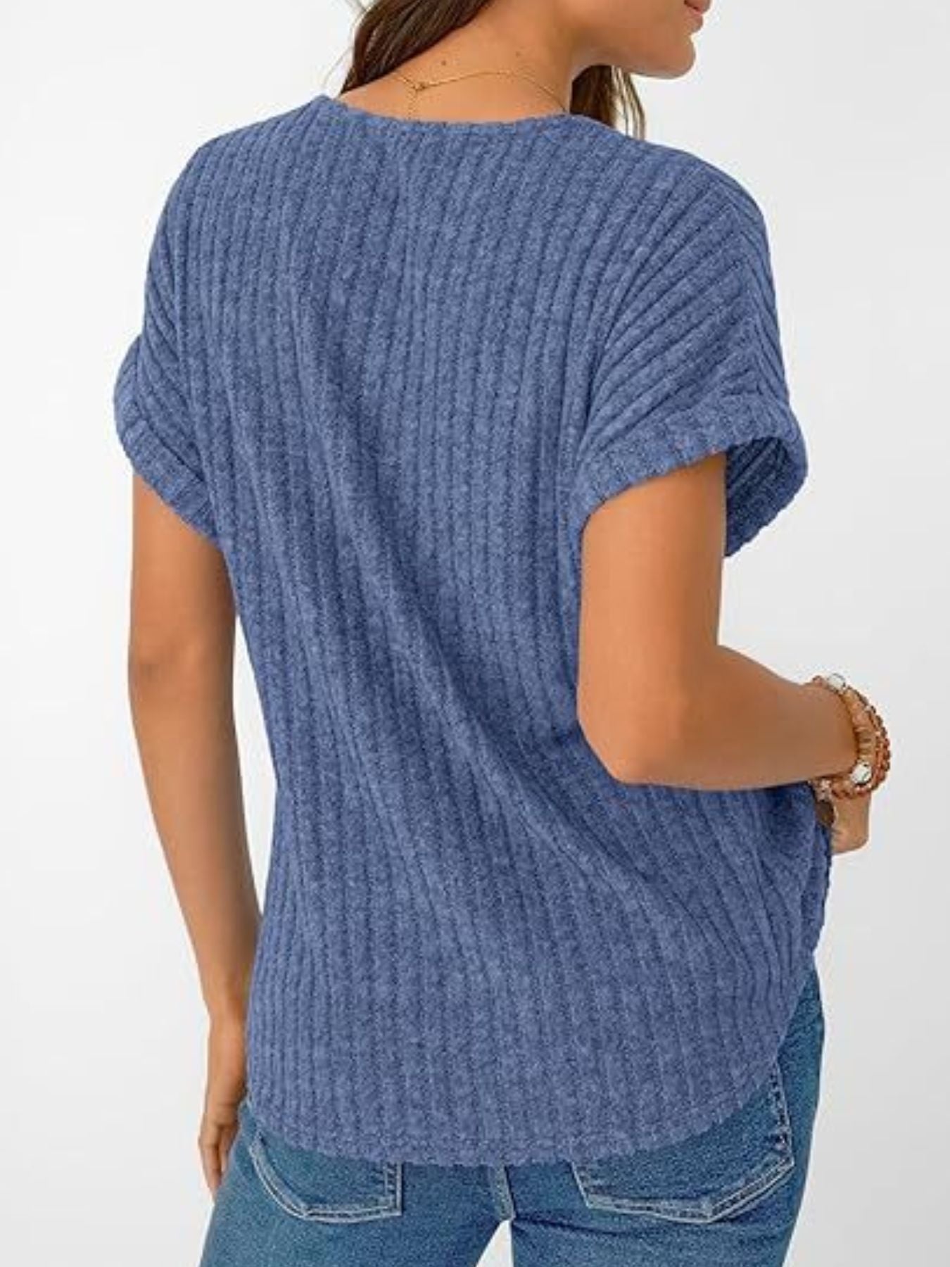 Ribbed Knit V-Neck Relaxed Fit T-Shirt