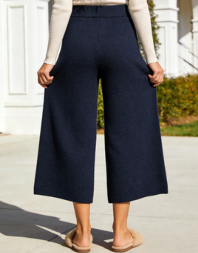 Cozy Brushed Knit Crop Wide-Leg Pants Navy Blue