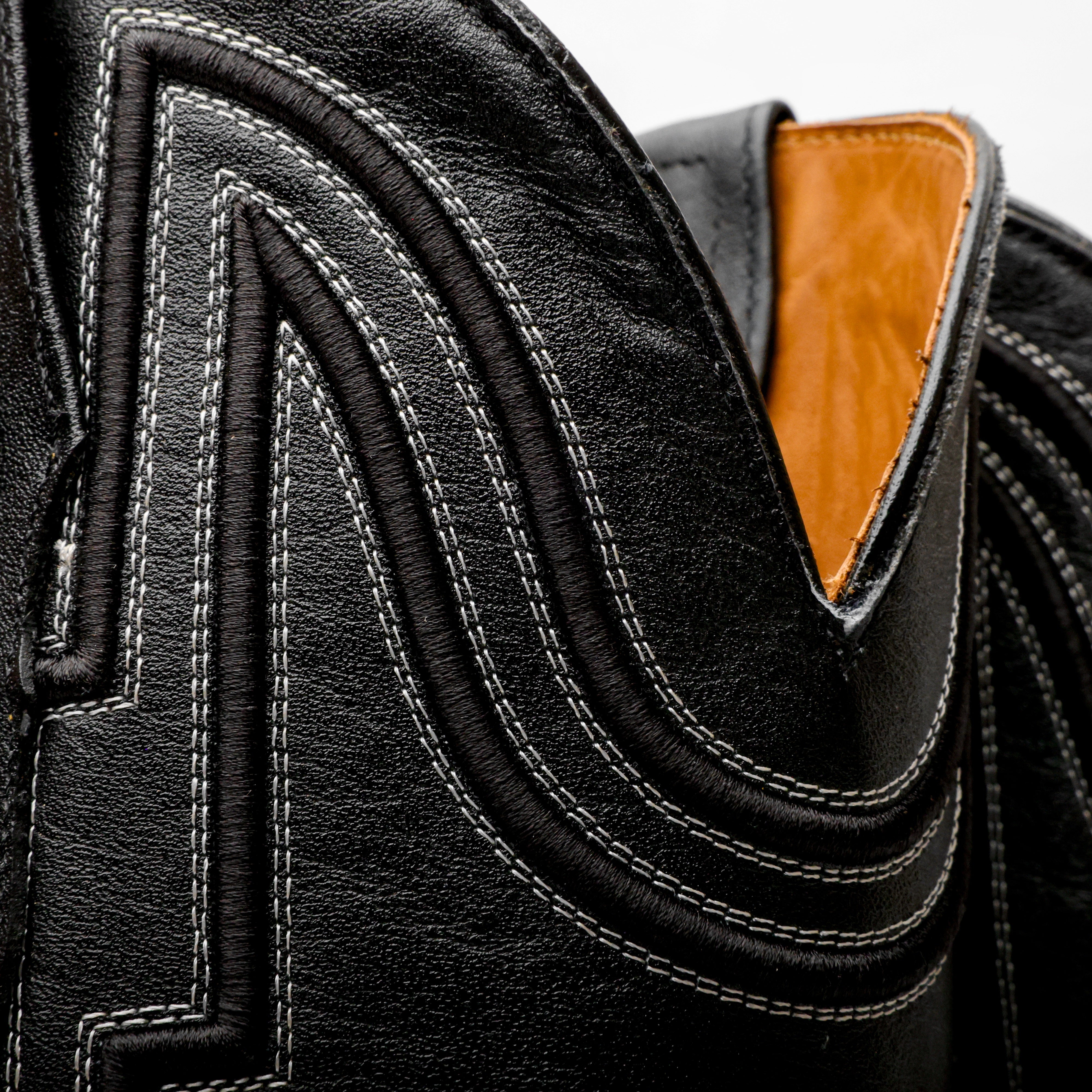 Black Caiman Neck Leather Boots - Square Toe