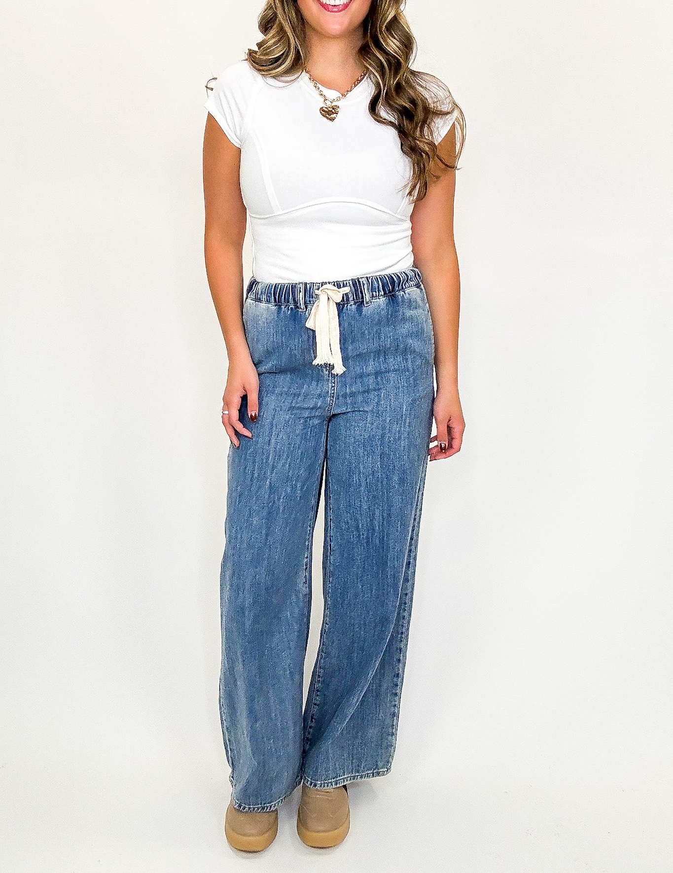 Luxe Leisure Drawstring Elastic Waist Denim Pants