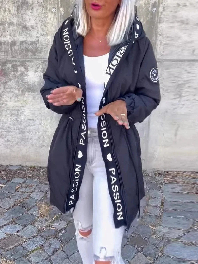 Women Hooded Letter Print Casual Coat