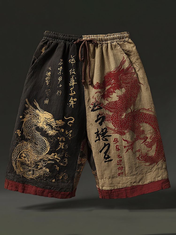 Japanese Calligraphy And Dragon Art Two-tone Pattern Linen Blend Shorts