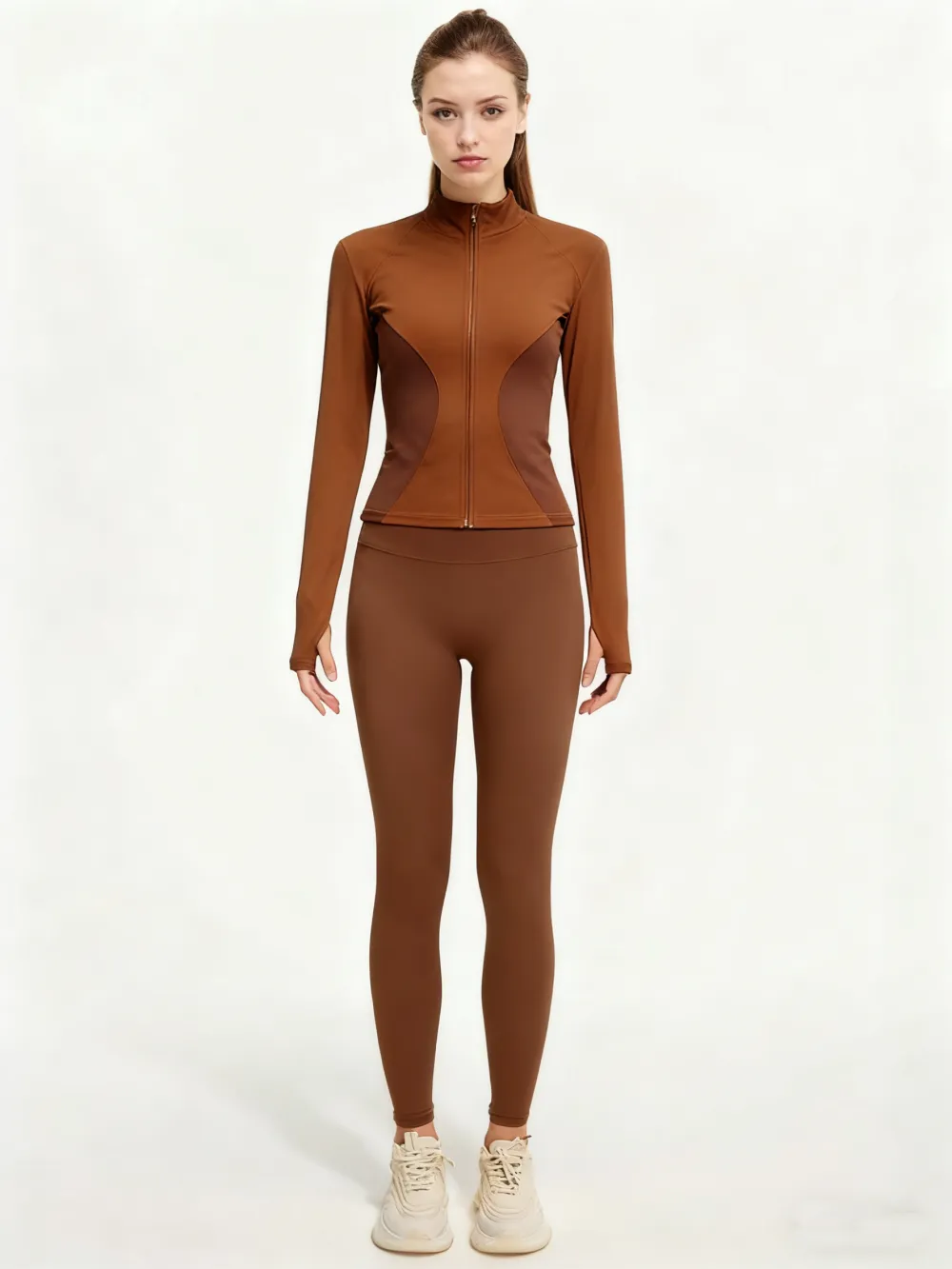 Women's Solid Zip Up Mock Neck Sports Jacket & High Waist Leggings Set