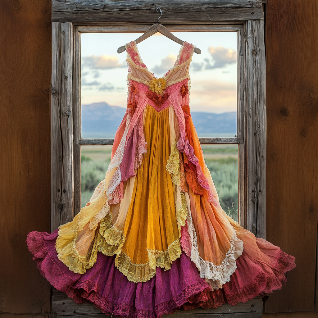 Windowsill Summer Romantic Lace Ruffle Rainbow Dress f827