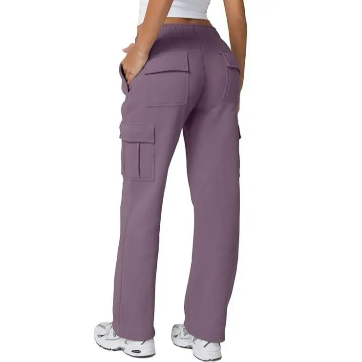 Women's multi-pocket solid color pants