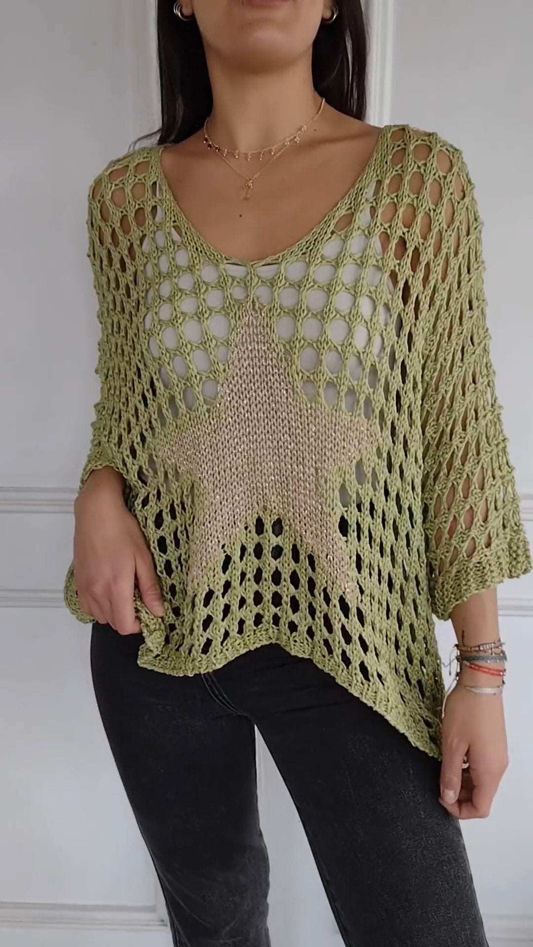 Women's V-neck Sleeve Knitted Star Print Blouse 2-piece Set