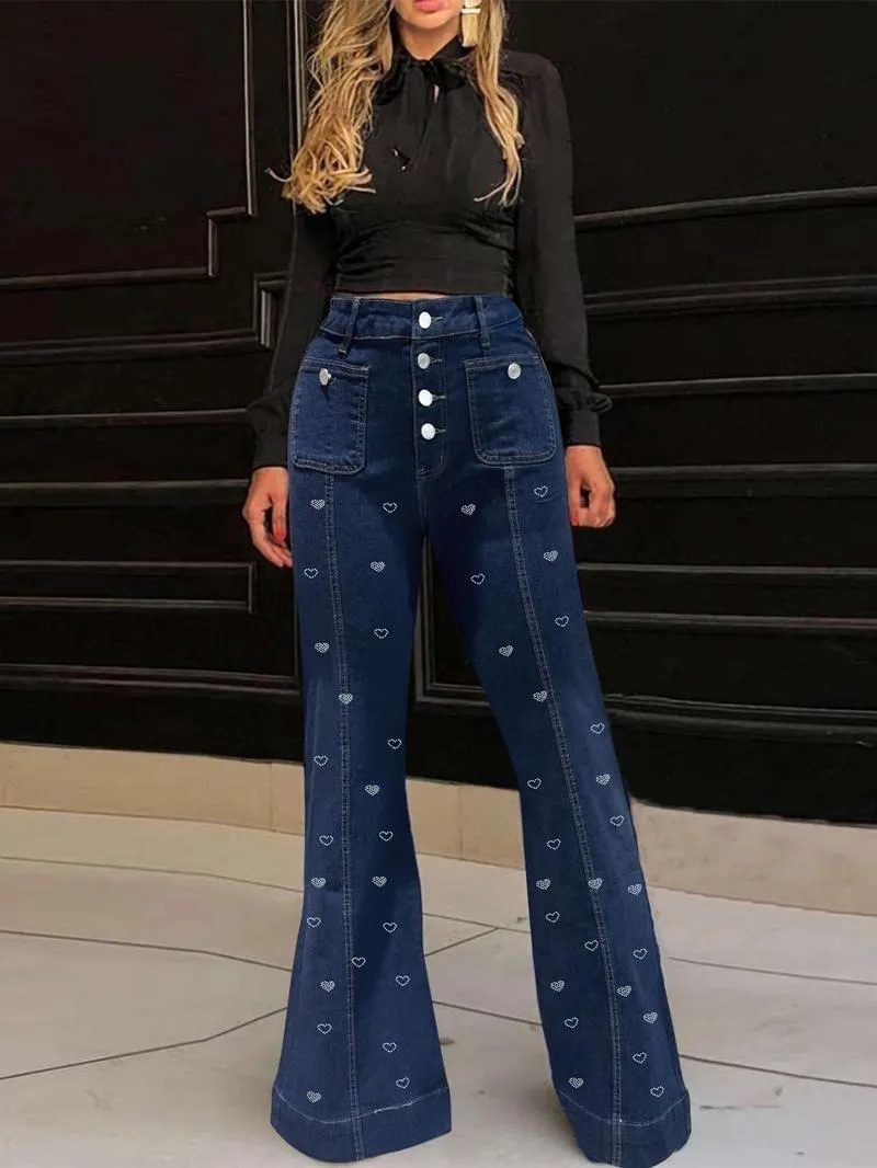 Women's Plain Flare Leg Jeans with Button & Pockets , Casual Bell Bottom Trousers for Daily Wear