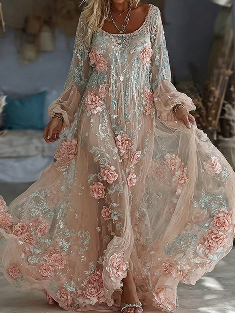 Women's Floral Art Flowy Linen Blend Casual Long Sleeve Maxi Dress