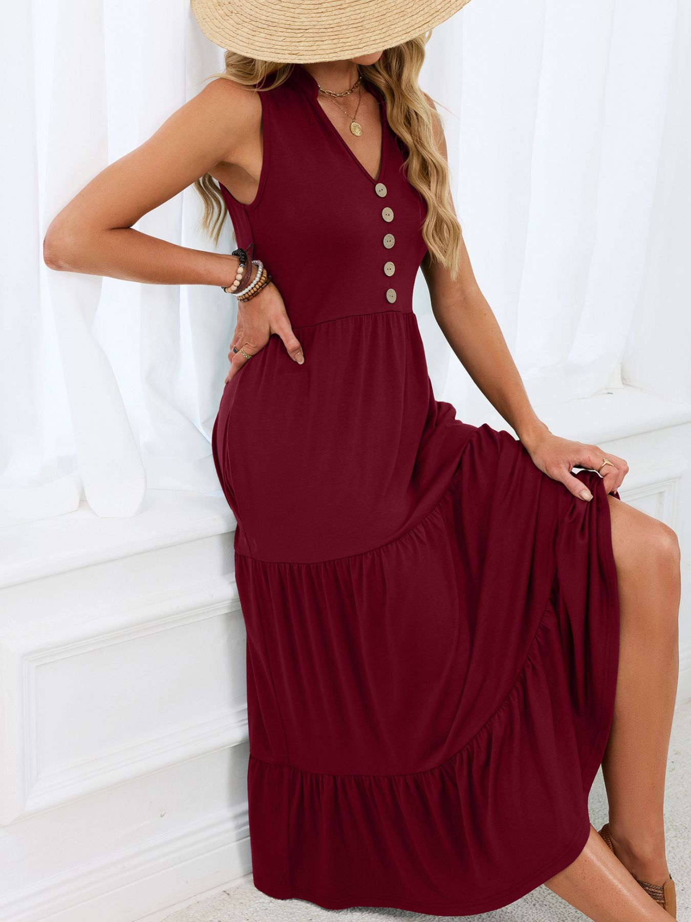 Ruffled Notched Tiered Midi Dress