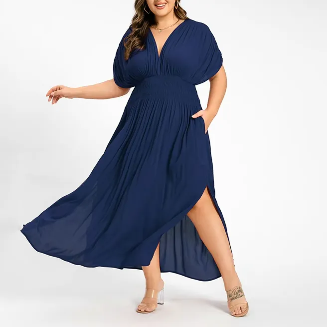 Plus Size Summer V-Neck Batwing Sleeve Maxi Dress with Ruched Waist