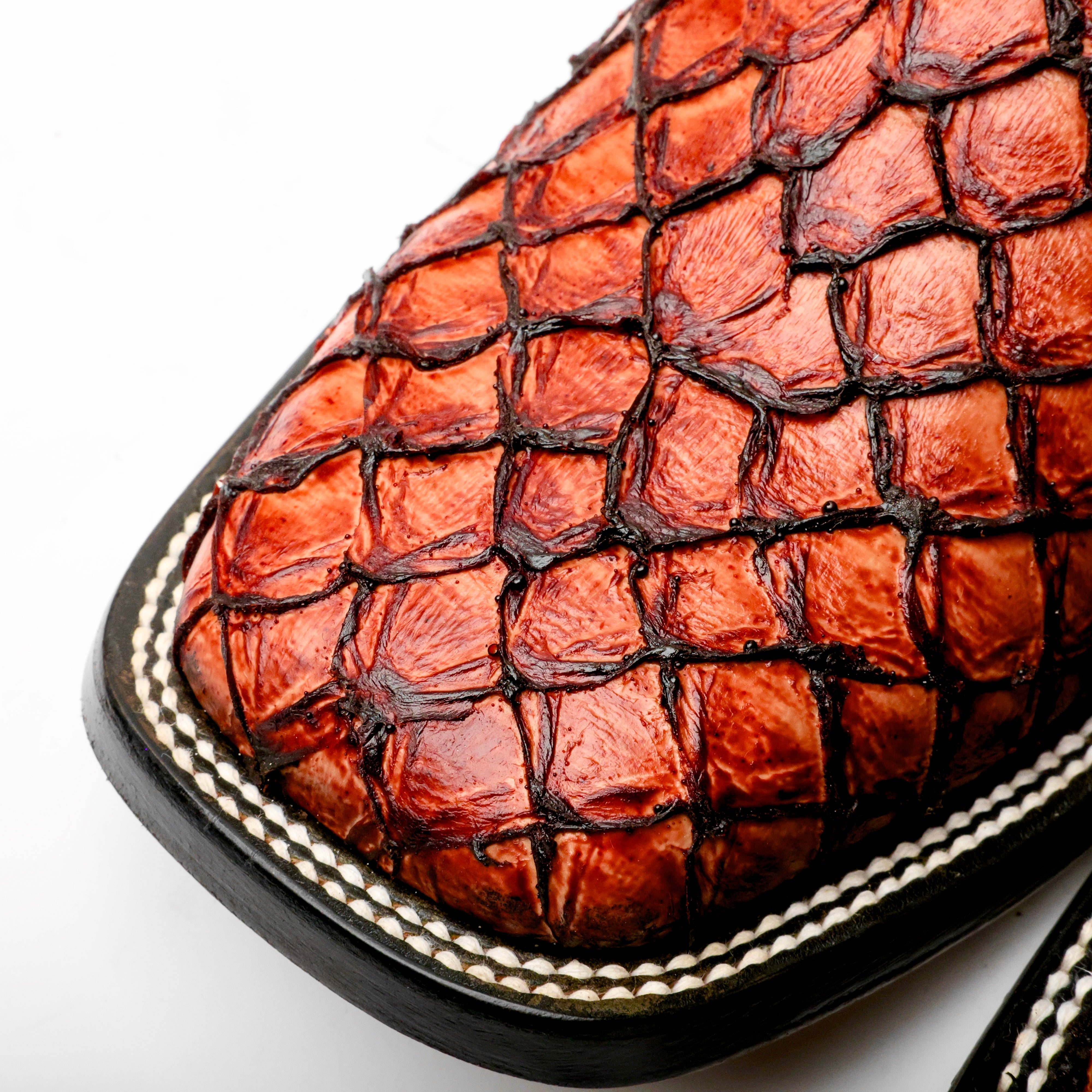 Cognac Mini Pirarucu Leather Boots - Square Toe