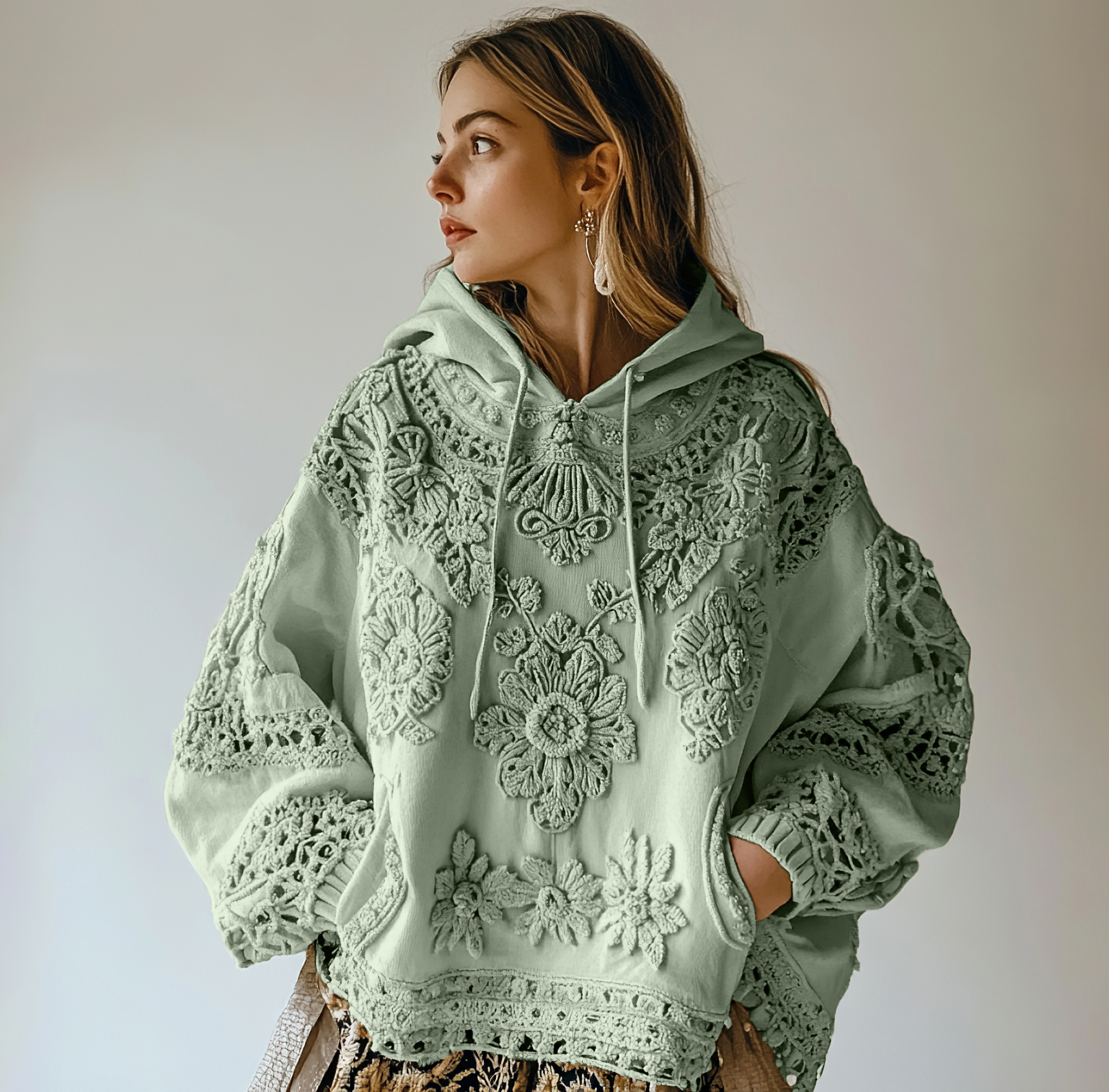 Women's Floral Embroidery Art Casual Cozy Hoodie