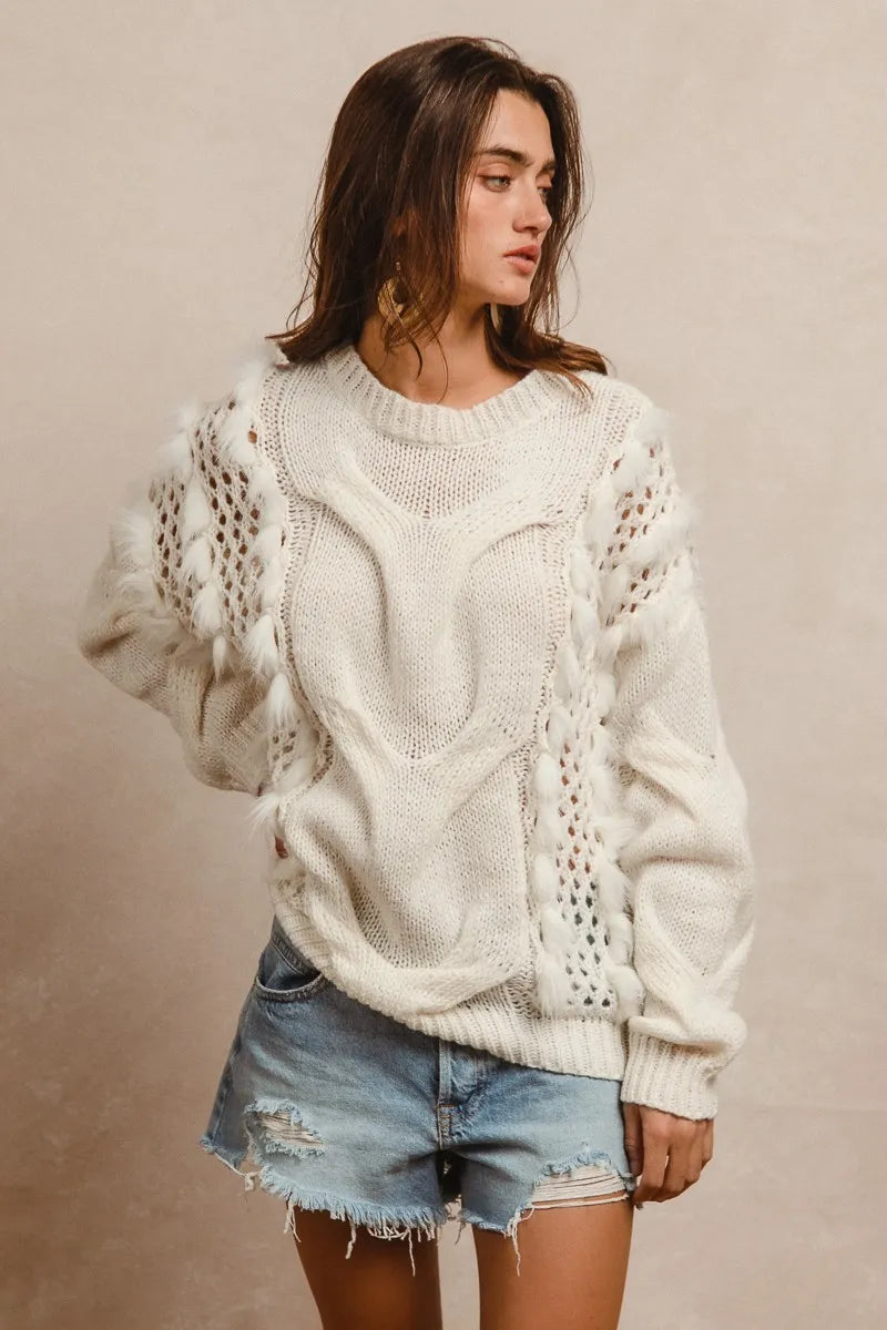 Faux Fur Detailed Pointelle Cable Knit Sweater