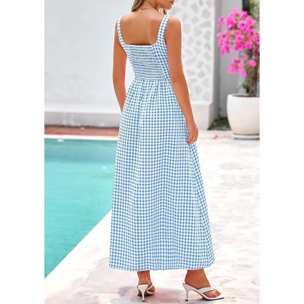 Women's Plaid Square Neck Maxi Dress, Spaghetti Strap A-Line Casual Beach Sundress