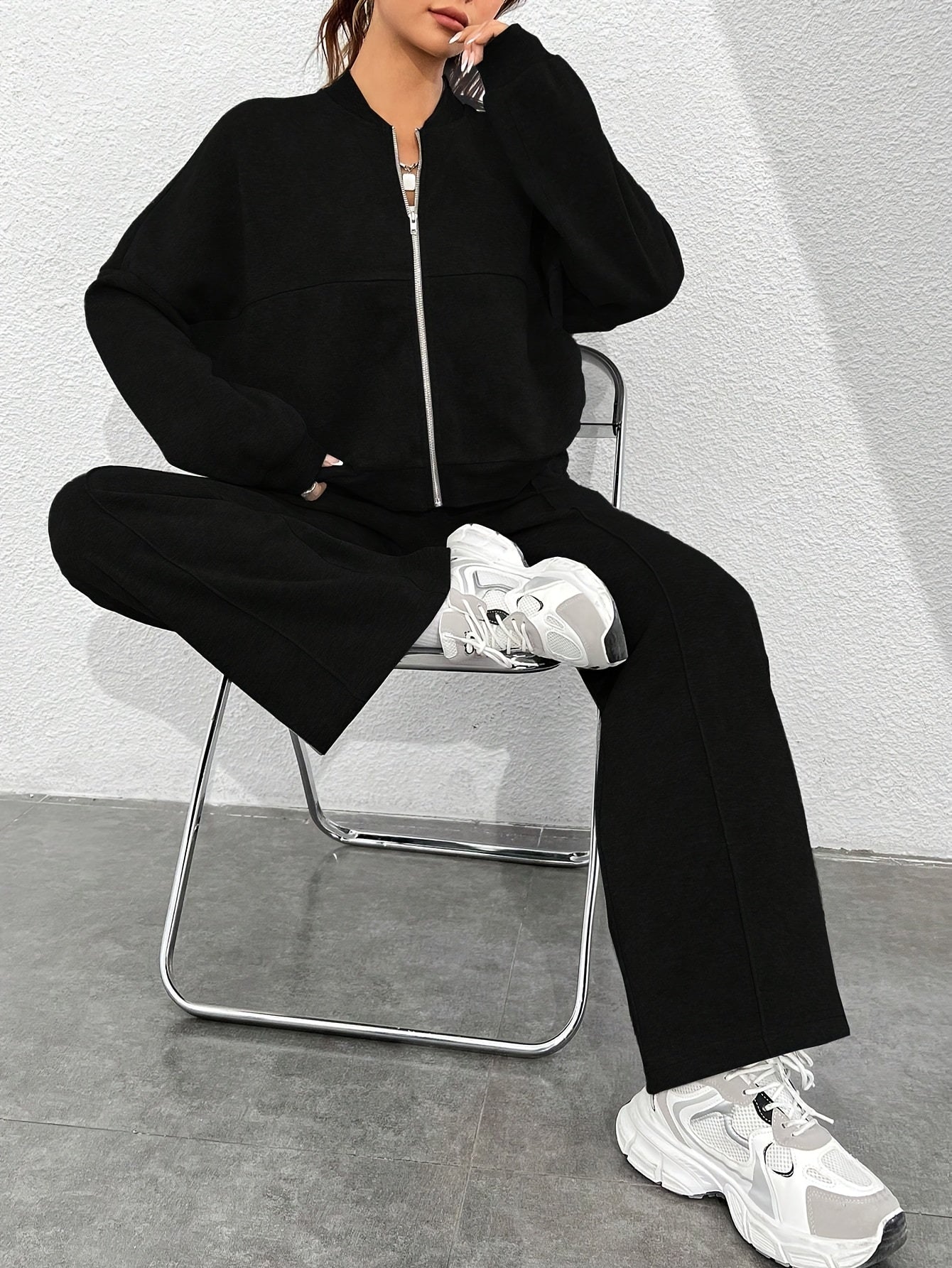 Zip-up Collarless‌ Cardigan Pants Set