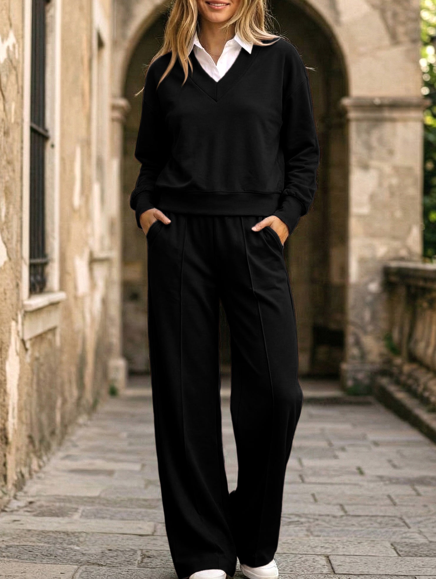 Casual collar loose top and wide-leg pants set_CWSS01448