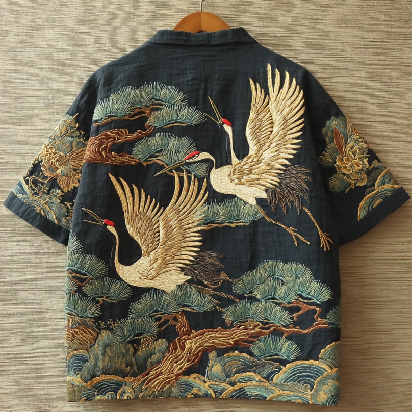 Japanese Pine And Crane Embroidered Linen Shirt
