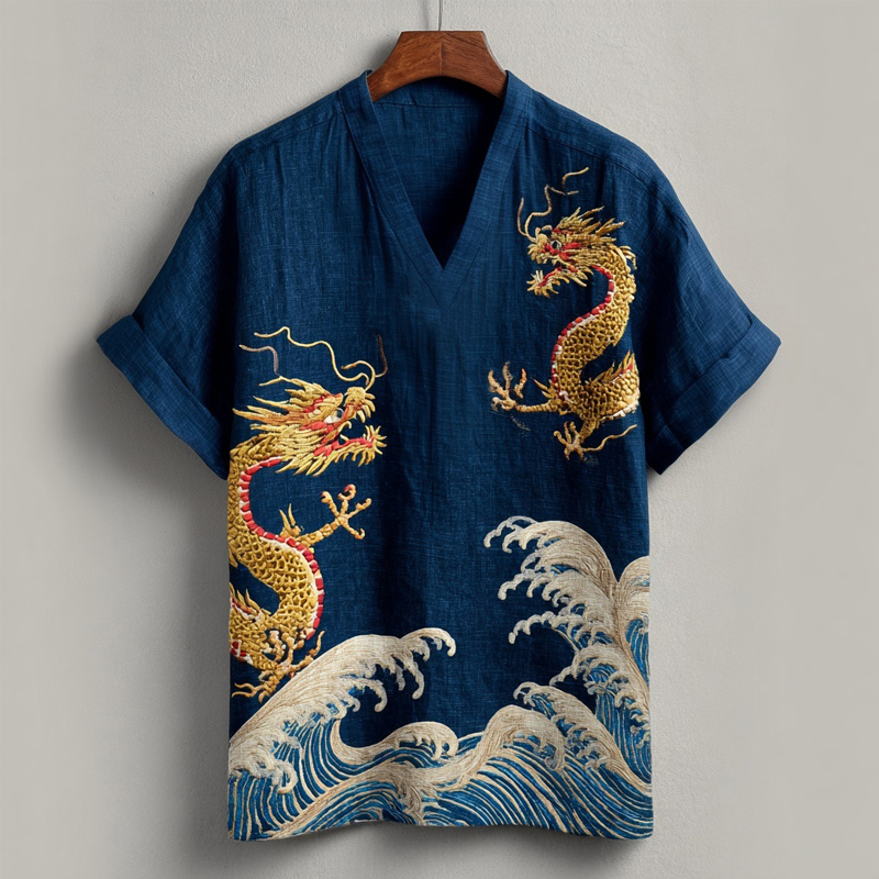 Japanese Waves & Dragon Embroidered Linen Shirt
