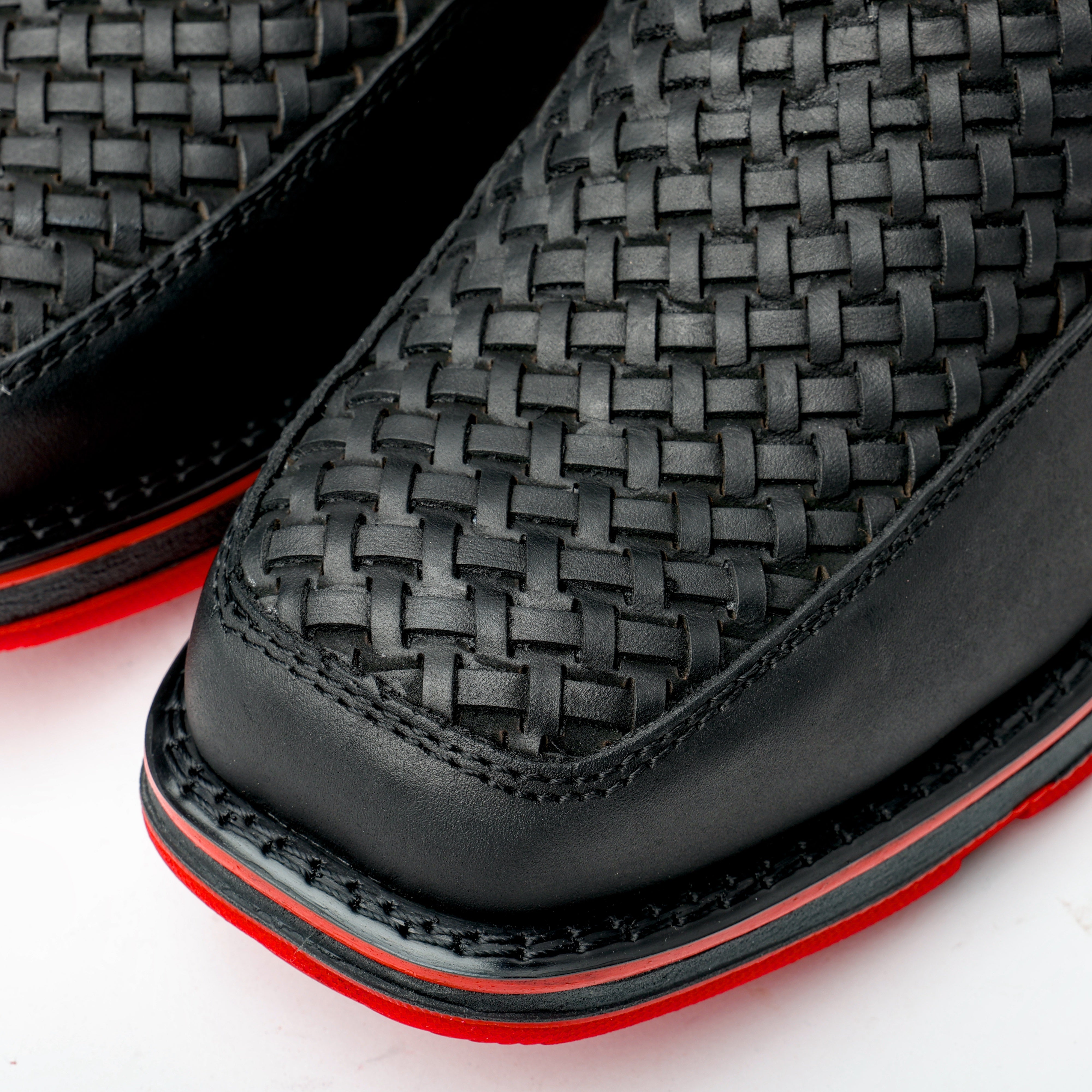Black Basketweave Leather Botin With 3D Lightweight Soles - Square Toe