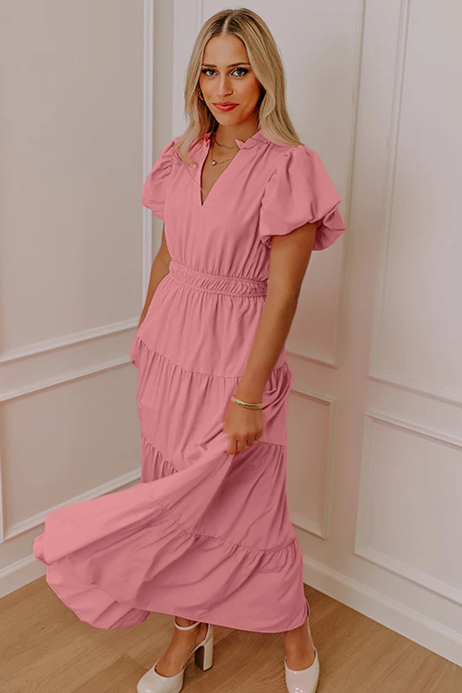 Coral Solid Color V Neck Short Puff Sleeve High Waist Tiered Maxi Dress