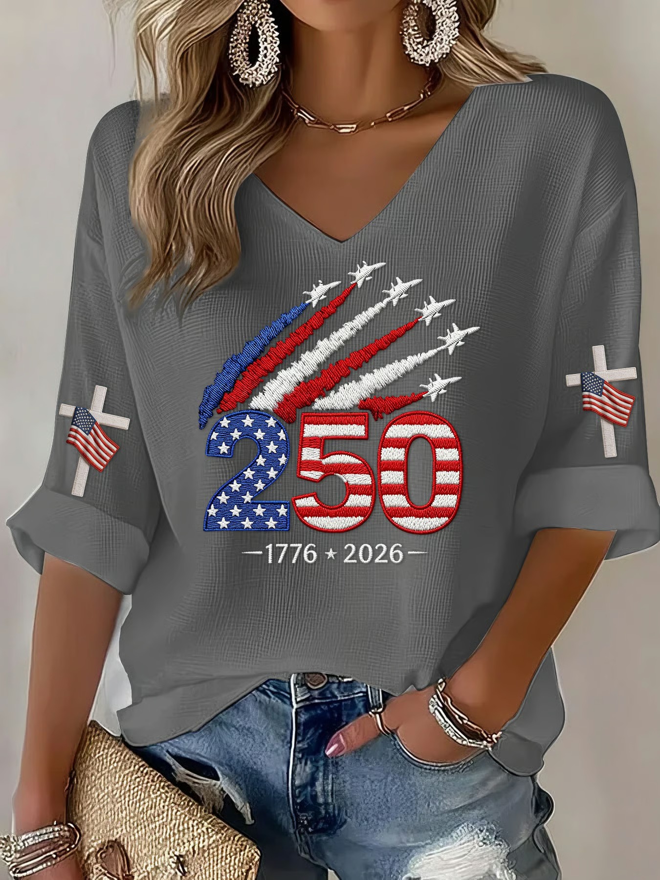 Women'S 250Th Anniversary Printed V-Neck Top For The Founding Of The United States