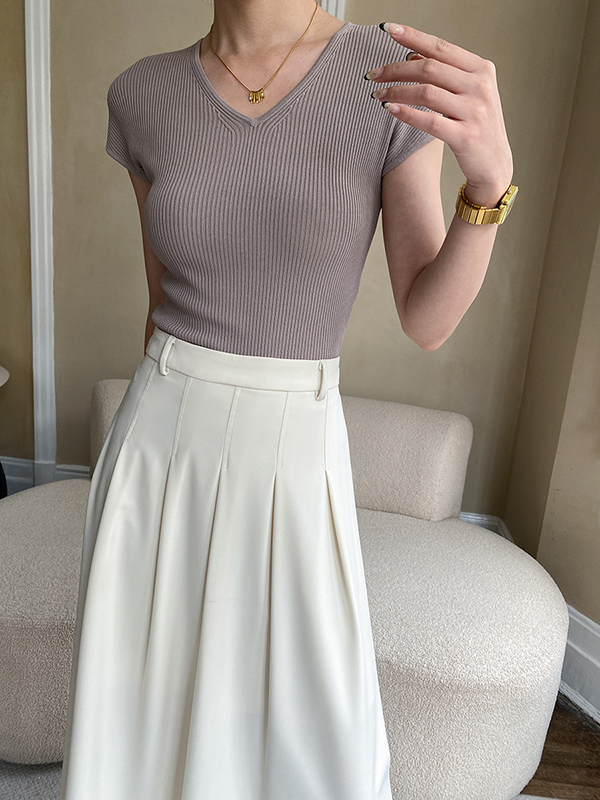 Solid Color Short Sleeves Skinny V-Neck T-Shirts