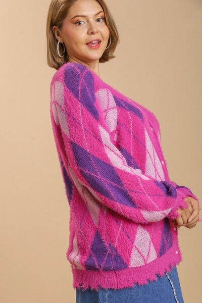 Full Size Argyle Pattern V-Neck Button Front Cardigan