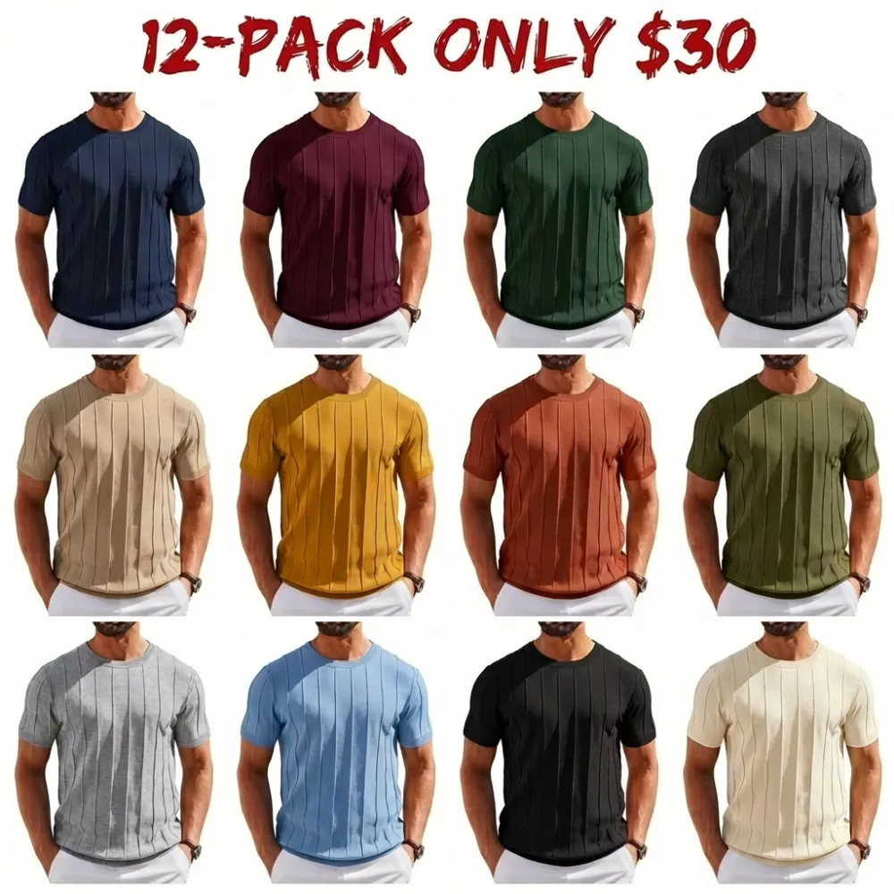 Last Day Promotion 🔥🔥 Crewneck Ribbed Pullover Men's T- Shirts Short Sleeve Knit Casual Tees