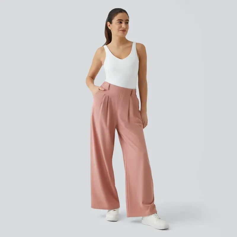 High Waisted Plicated Side Pocket Wide Waffle Work Pants