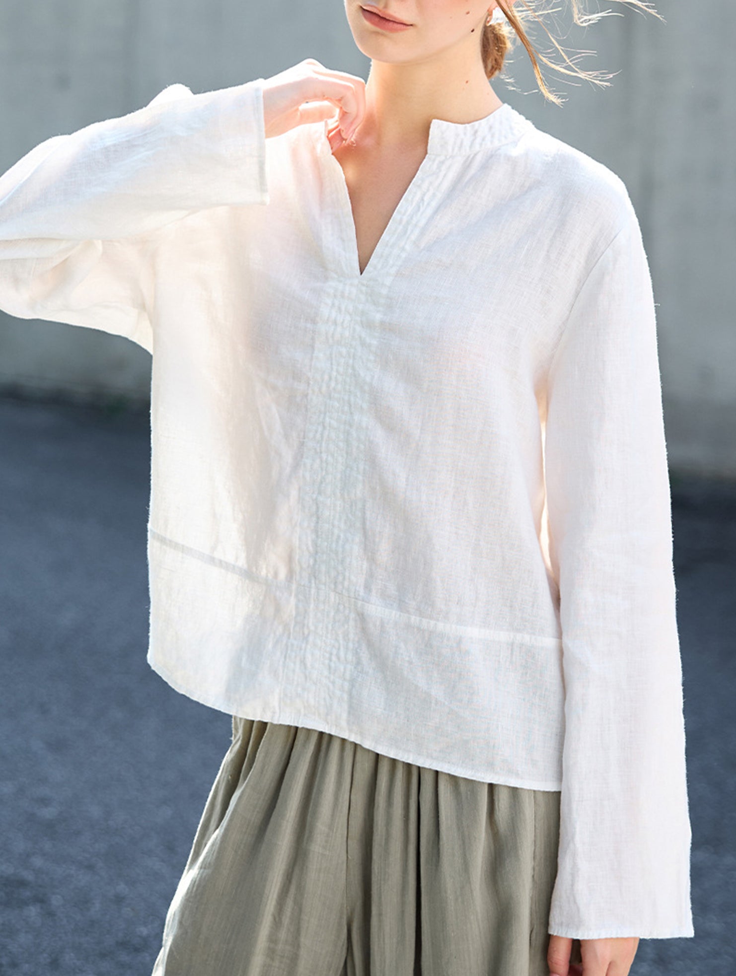 Pure Linen V Neck Long Sleeve Work Tee_CWTBLL02353