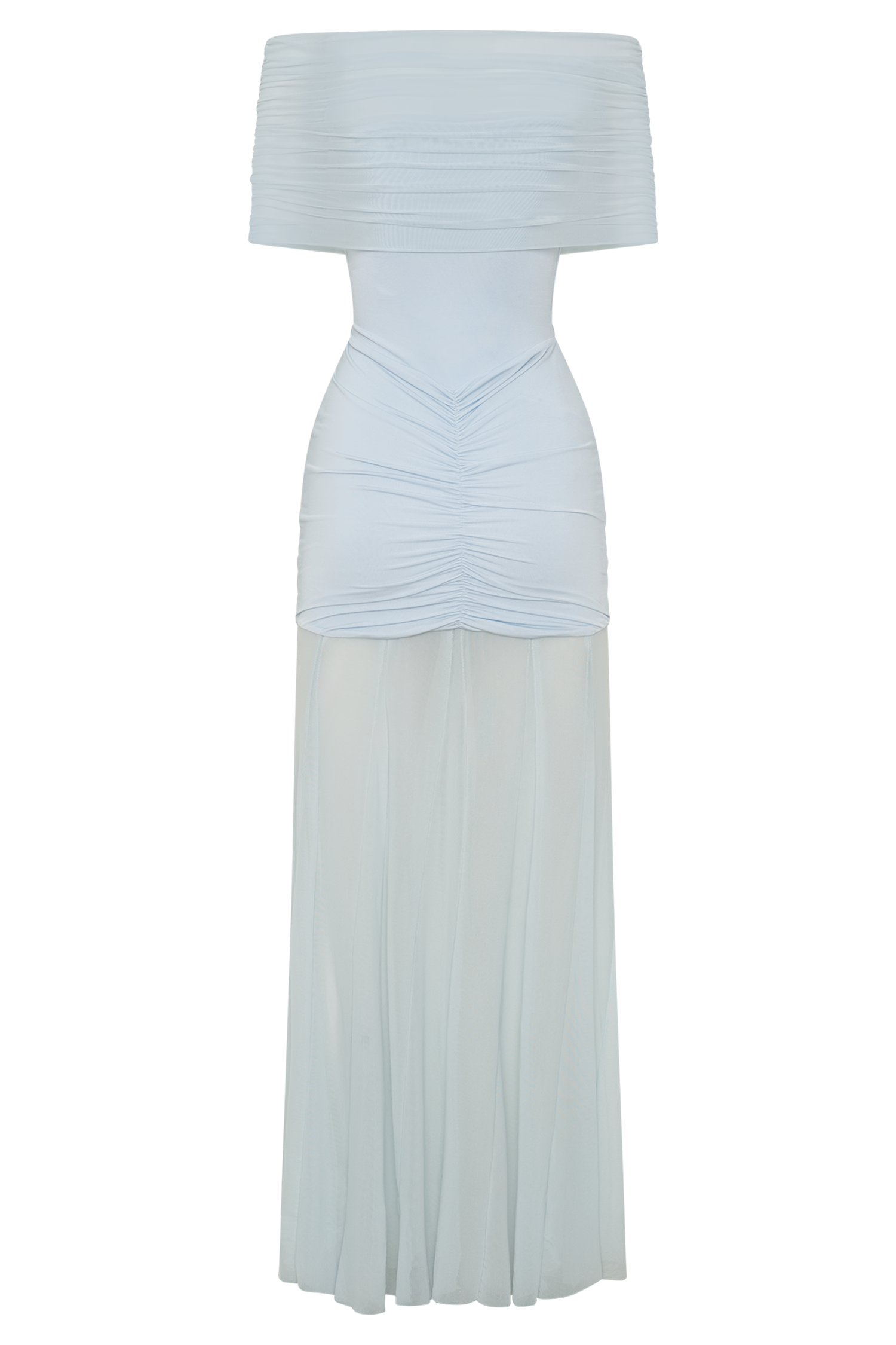 Blue Slinky And Mesh Off Shoulder Maxi Dress