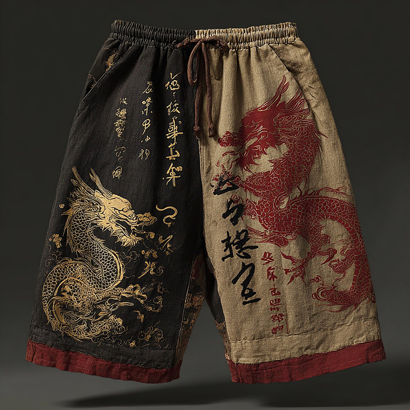 Japanese Calligraphy And Dragon Art Two-tone Pattern Linen Blend Shorts