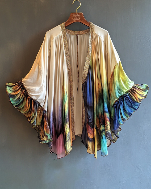 Summer comfortable handmade feather theme embroidery print gradient color cardigan e9e3