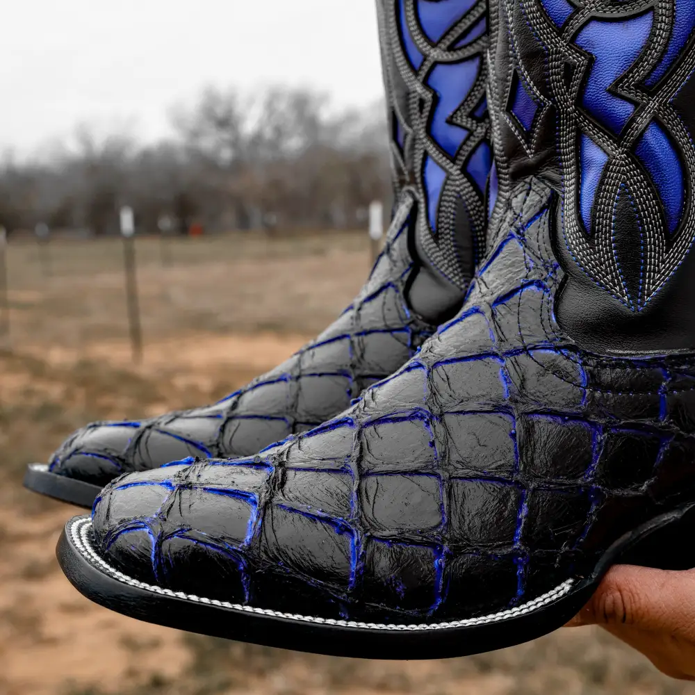 Black/Blue Pirarucu Leather Boots - Square Toe