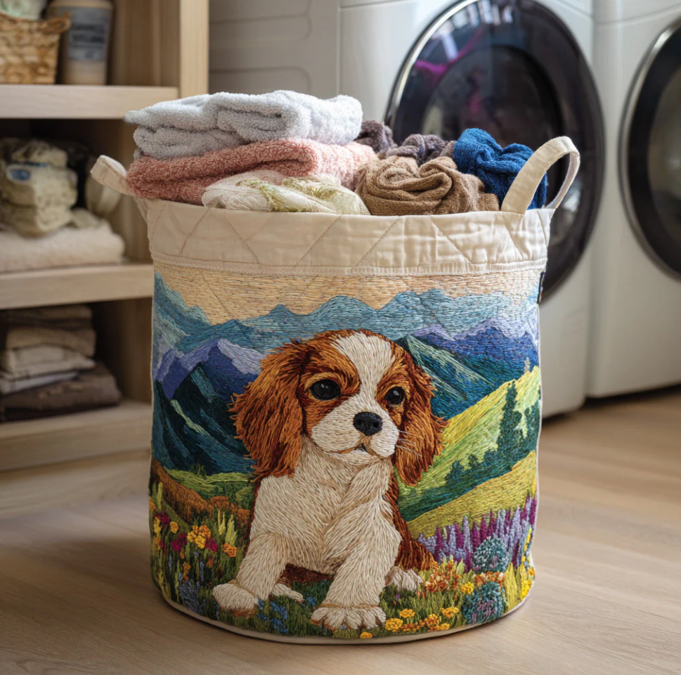 Vivid Cavalier King Charles Spaniel Pattern Quilted Laundry Basket Eco-Friendly Machine Washable Storage Organizer for Home Bathroom Bedroom | Dog