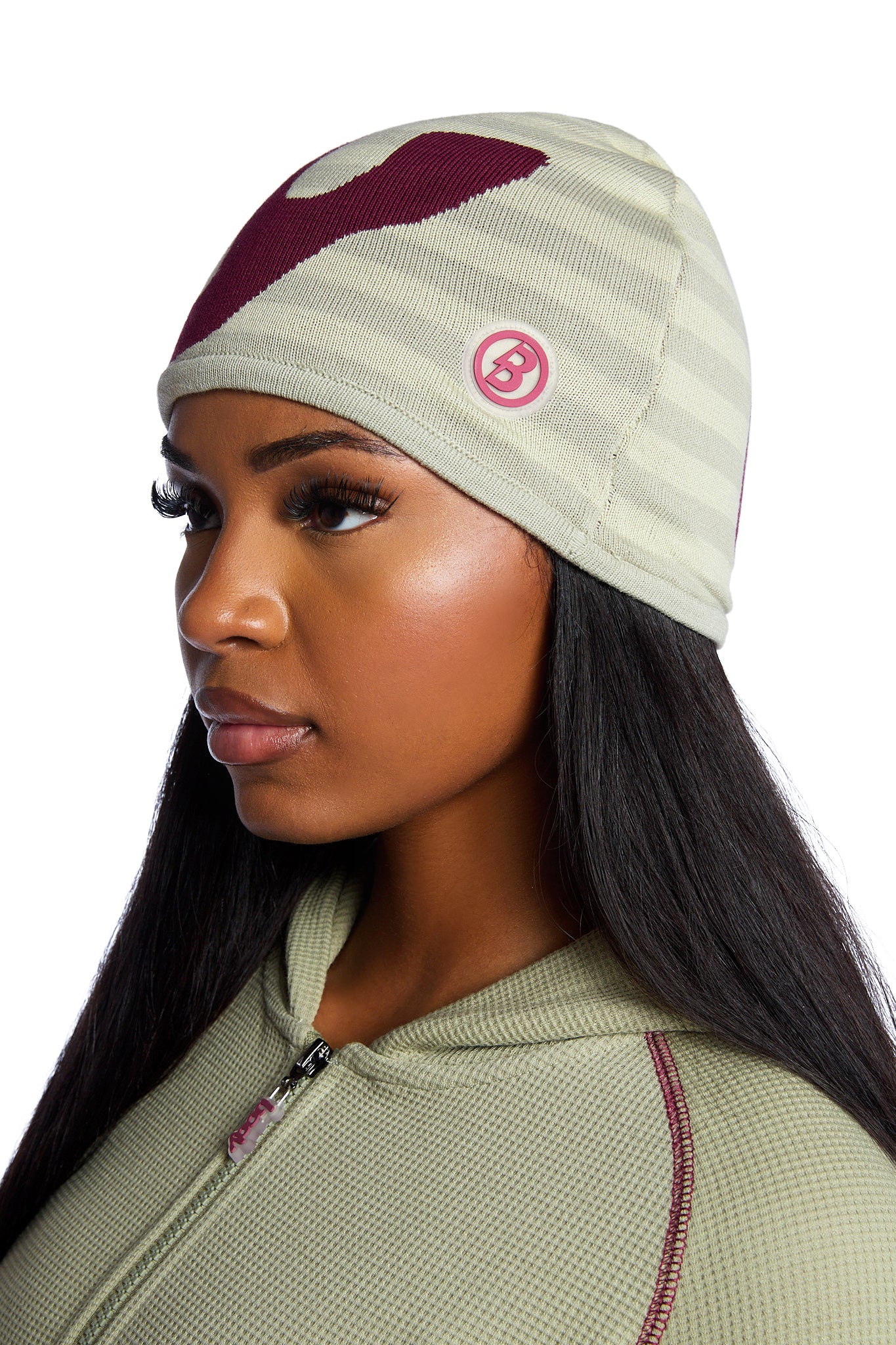 STRIPED KNIT BEANIE (MATCHA/MAROON)